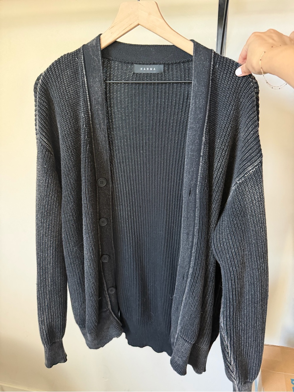 Karma Men’s Dark Charcoal Ribbed Button-Up Cardigan - worn once like new